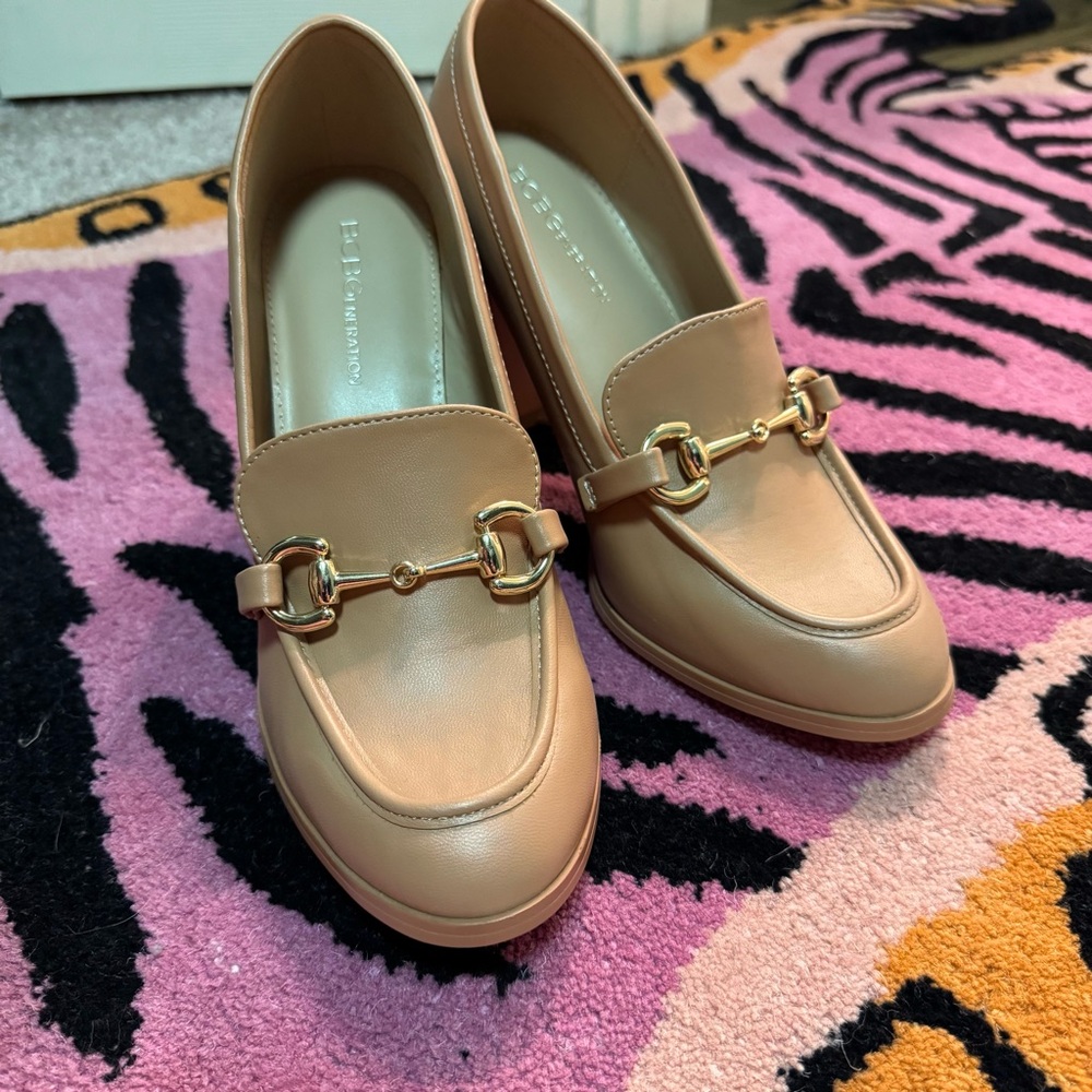 BCBGeneration Tan Loafers with Gold Buckles